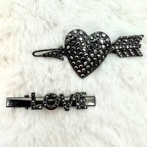 Two (2) 2" Metallic Looking Hair Clips Love & Heart w/Arrow Dark Gray